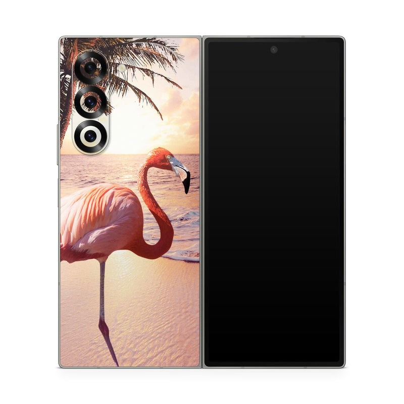Samsung Galaxy Z Fold6 Skin design of Flamingo, Greater flamingo, Bird, Water bird, Pink, Wildlife, Sky, Tree, Organism, Beak, with pink, blue, green, yellow, white, orange, black colors