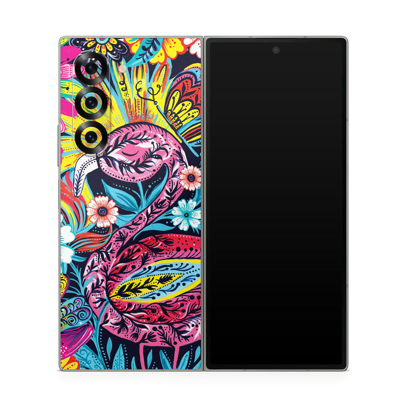 Samsung Galaxy Z Fold6 Skin design of Psychedelic art, Pattern, Visual arts, Art, Design, Textile, Illustration, Plant, Graphic design, Drawing, with pink, yellow, black, blue, white colors