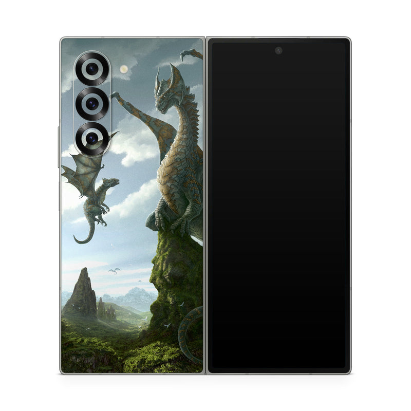 Samsung Galaxy Z Fold6 Skin design of Dragon, Cg artwork, Fictional character, Mythical creature, Mythology, Extinction, Cryptid, Illustration, Games, Massively multiplayer online role-playing game, with black, gray, blue, white, purple colors
