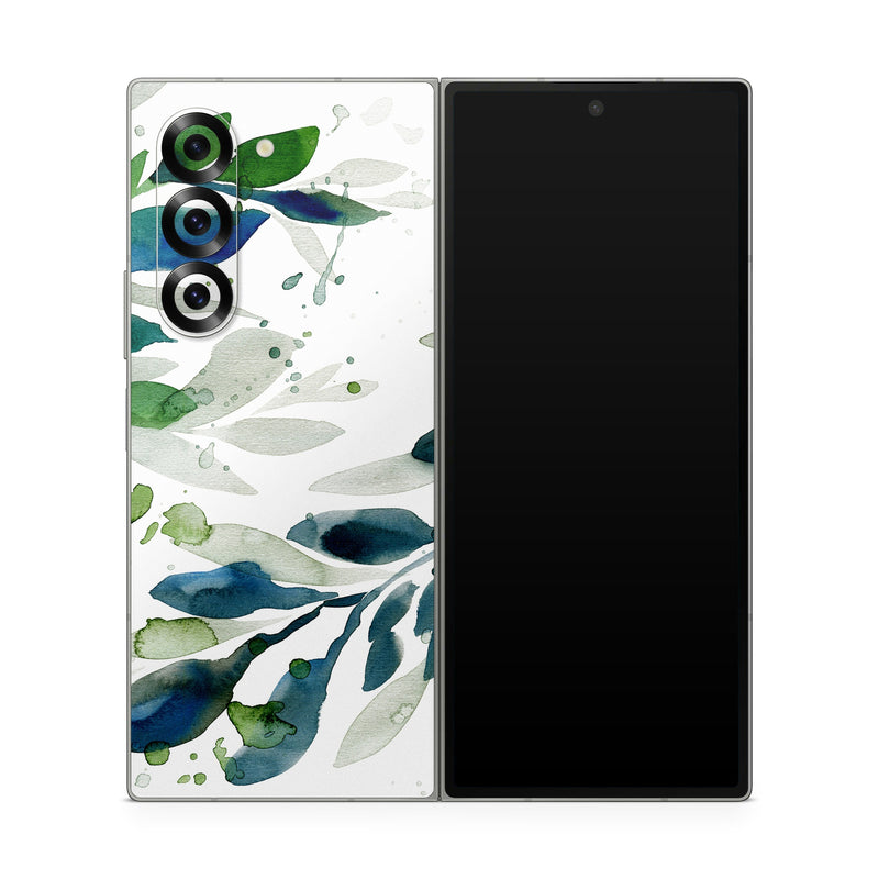 Samsung Galaxy Z Fold6 Skin design of Leaf, Branch, Plant, Tree, Botany, Flower, Design, Eucalyptus, Pattern, Watercolor paint, with white, blue, green, gray colors