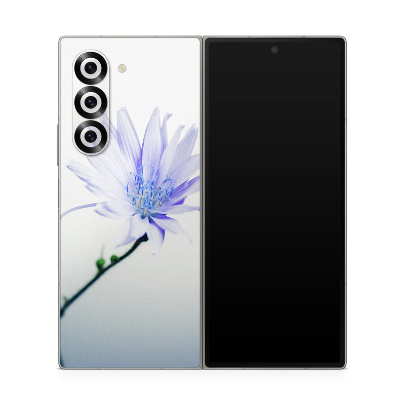 Samsung Galaxy Z Fold6 Skin design of Blue, Flower, Plant, Petal, Close-up, Macro photography, Flowering plant, Herbaceous plant, Wildflower, Photography, with gray, white, yellow colors