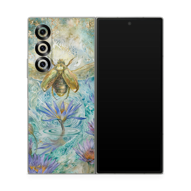 Samsung Galaxy Z Fold6 Skin design of Painting, Fictional character, Art, Flower, Watercolor paint, Plant, Wildflower, Angel, Honeybee, Mythology, with blue, yellow, brown, purple, red, white colors