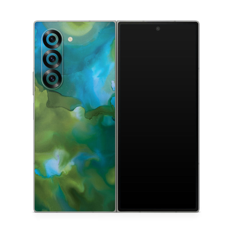 Samsung Galaxy Z Fold6 Skin design of Aqua, Blue, Green, Painting, Turquoise, Teal, Water, Acrylic paint, Art, Organism, with blue, green colors