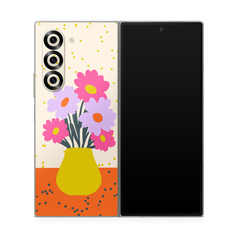 Samsung Galaxy Z Fold6 Skin design of Flower, Plant, Vase, Flowerpot, Petal, Happy, People in nature, Liquid, Font, Art, with white, orange, pink, purple, yellow colors