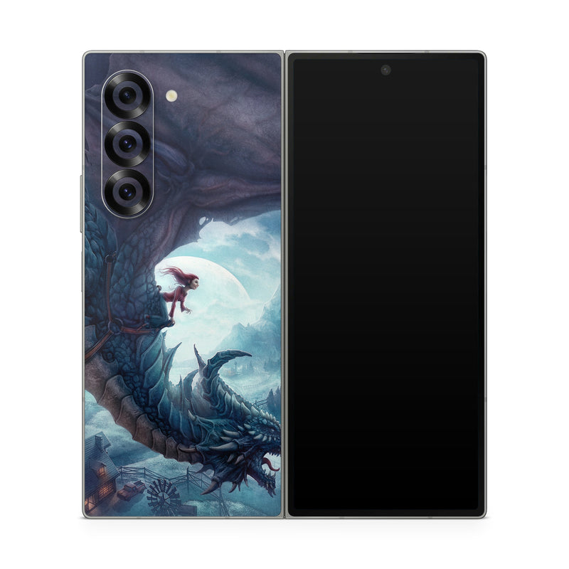 Samsung Galaxy Z Fold6 Skin design of Dragon, Cg artwork, Illustration, Action-adventure game, Fictional character, Mythical creature, Mythology, Fiction, Cryptid, Extinction, with blue, white, brown, green colors
