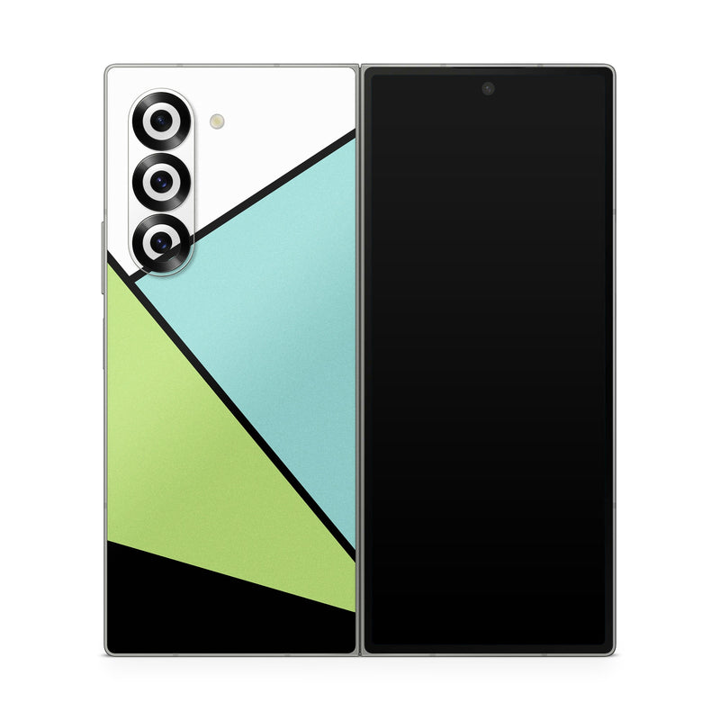 Samsung Galaxy Z Fold6 Skin design of Green, Line, Blue, Triangle, Design, Parallel, Pattern, Graphic design, Slope, with white, black, green, blue colors