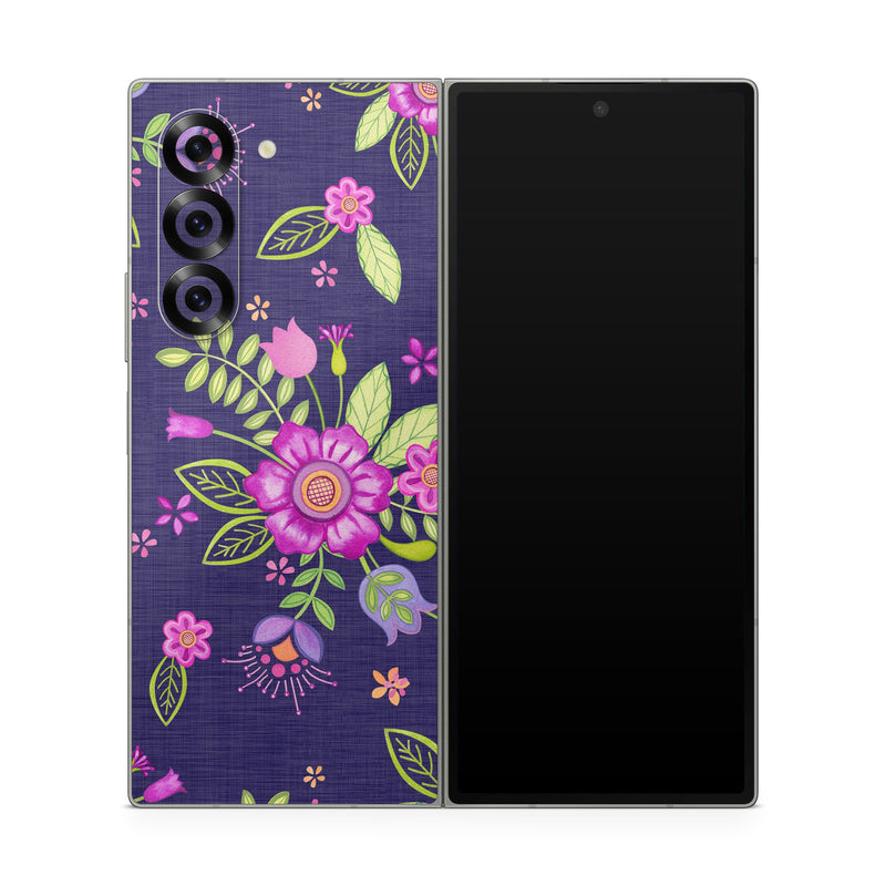 Samsung Galaxy Z Fold6 Skin design of Pink, Pattern, Magenta, Purple, Violet, Floral design, Lilac, Textile, Visual arts, Pedicel, with black, gray, purple, green, blue colors