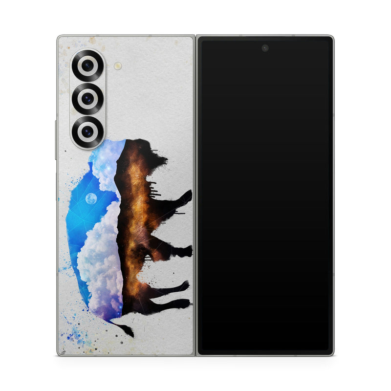 Samsung Galaxy Z Fold6 Skin design of Watercolor paint, Illustration, Art, Water, Painting, Sky, Paint, Acrylic paint, Drawing, Visual arts, with gray, blue, white, black, yellow, orange colors