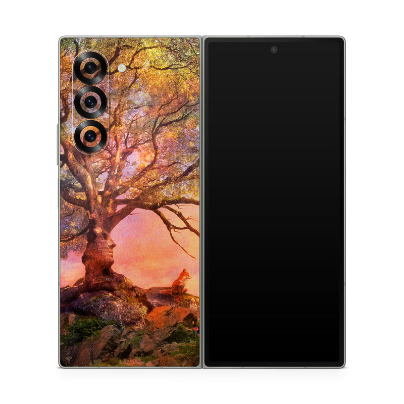 Samsung Galaxy Z Fold6 Skin design of Nature, Tree, Sky, Natural landscape, Branch, Leaf, Woody plant, Trunk, Landscape, Plant, with pink, red, black, green, gray, orange colors