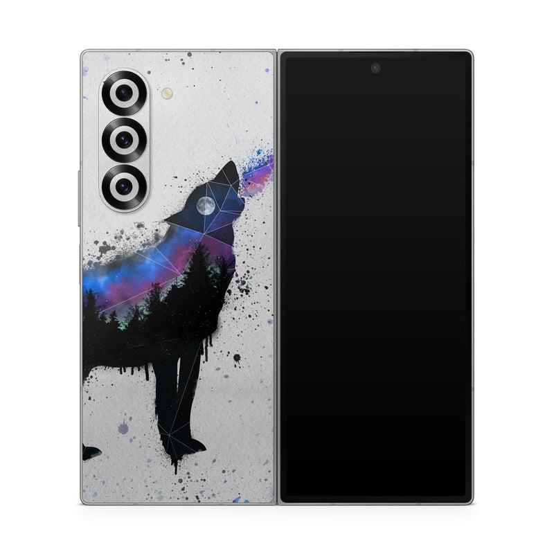 Samsung Galaxy Z Fold6 Skin design of Canidae, Art, Illustration, Watercolor paint, Dog, Graphic design, Street art, Acrylic paint, Painting, Visual arts, with gray, white, blue, black, green, purple colors