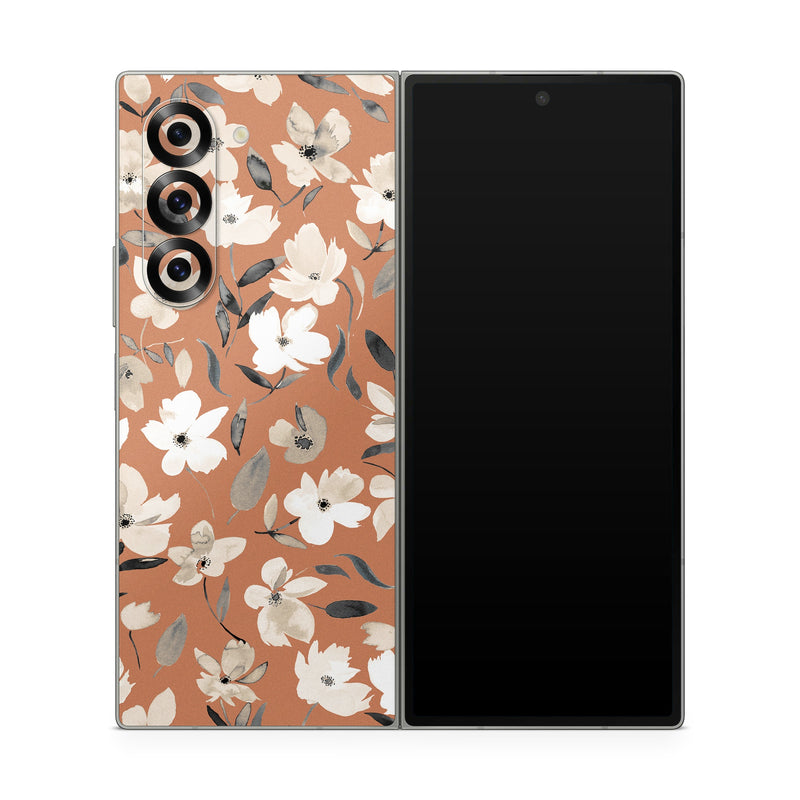 Samsung Galaxy Z Fold6 Skin design of Flower, Plant, Textile, Botany, Petal, Gesture, Line, Font, Groundcover, Art, with brown, white, gray, black colors