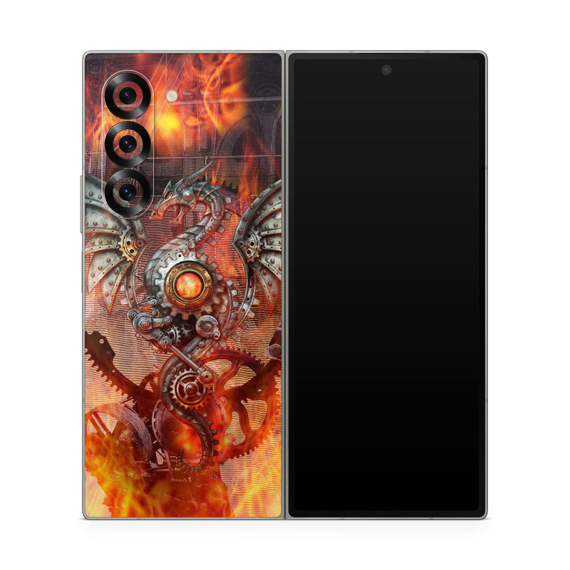 Samsung Galaxy Z Fold6 Skin design of Dragon, Demon, Cg artwork, Illustration, Fictional character, Fractal art, Flame, Art, Mythology, Supernatural creature, with red, black, orange, pink, green colors