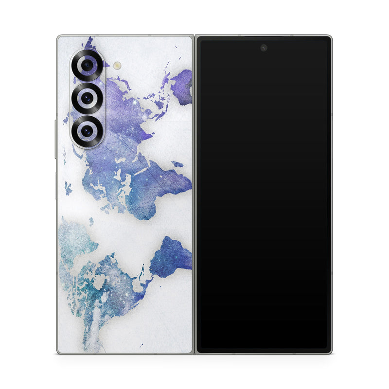 Samsung Galaxy Z Fold6 Skin design of World, Map, Watercolor paint, Illustration, with white, blue, purple colors