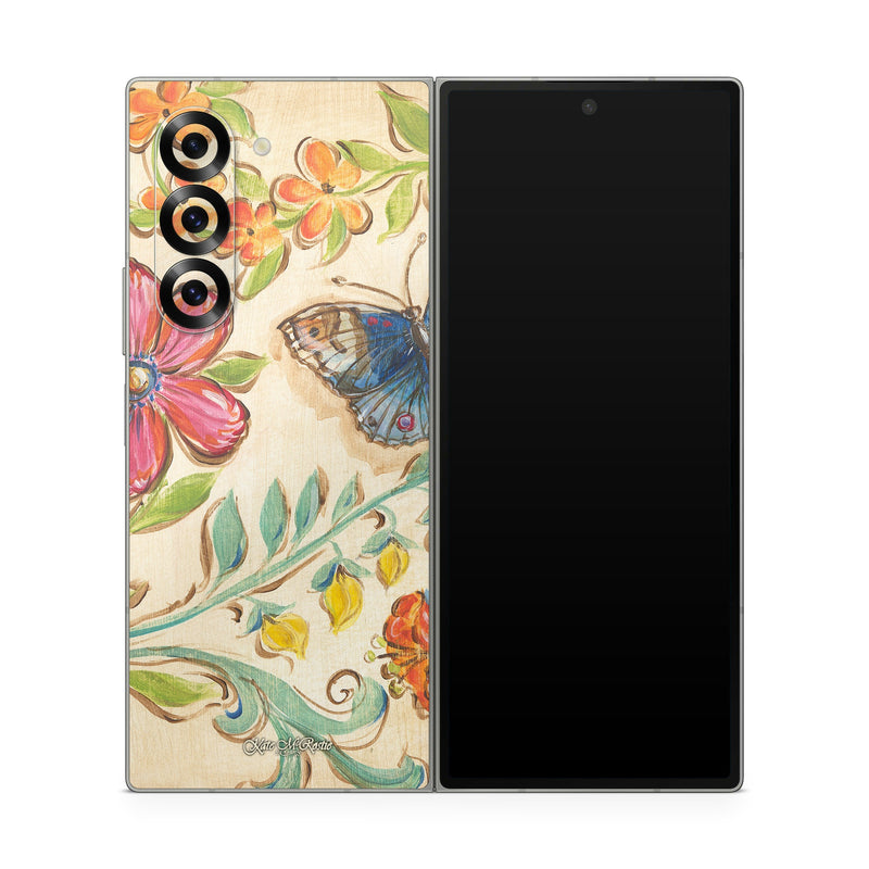 Samsung Galaxy Z Fold6 Skin design of Butterfly, Moths and butterflies, Insect, Pollinator, Plant, Pattern, Watercolor paint, Wildflower, Visual arts, Brush-footed butterfly, with gray, pink, green, red, orange, blue colors