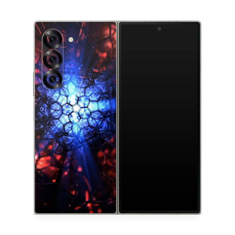 Samsung Galaxy Z Fold6 Skin design of Blue, Fractal art, Red, Light, Pattern, Lighting, Art, Kaleidoscope, Design, Psychedelic art, with black, blue, red colors
