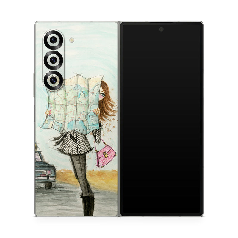 Samsung Galaxy Z Fold6 Skin design of Fashion illustration, Sketch, Watercolor paint, Illustration, Drawing, Art, Footwear, Vehicle, Painting, Fashion design, with blue, black, gray, white, pink, brown, green, orange, yellow colors