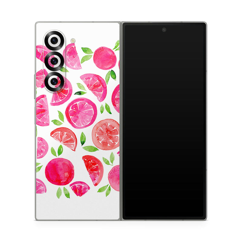 Samsung Galaxy Z Fold6 Skin design of Food, Plant, Fruit, Botany, Natural foods, Seedless fruit, Ingredient, Red, Font, Citrus, with pink, green, red, white colors