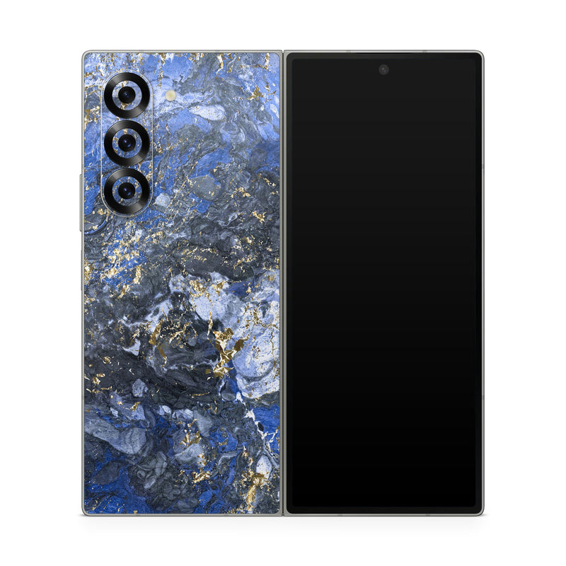 Samsung Galaxy Z Fold6 Skin design of Blue, Water, Cobalt blue, Rock, Painting, Geology, Electric blue, Mineral, Pattern, Acrylic paint, with black, blue, yellow, white, gray colors