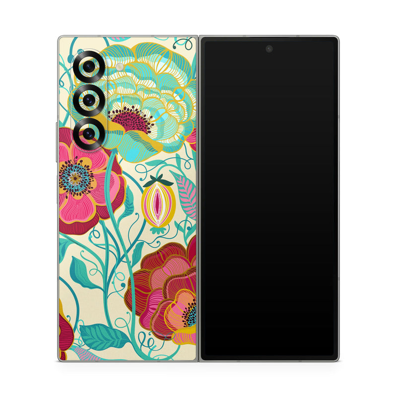 Samsung Galaxy Z Fold6 Skin design of Plant, Botany, Textile, Pink, Creative arts, Petal, Magenta, Art, Pattern, Rectangle, with white, red, pink, yellow, green, blue, black colors