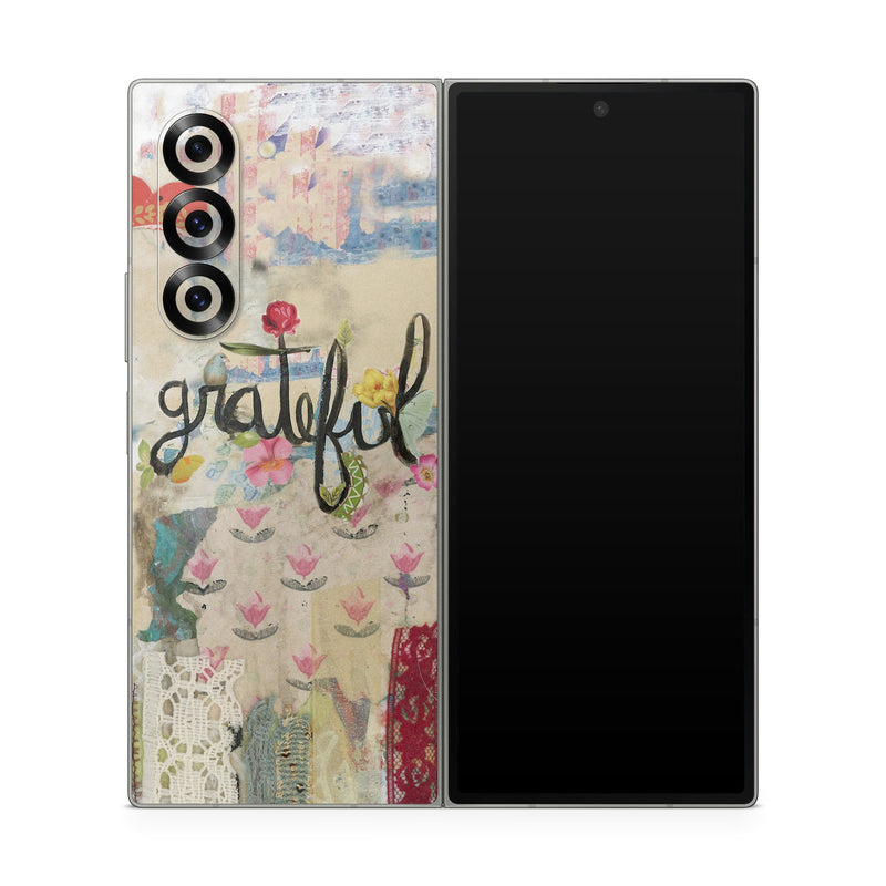 Samsung Galaxy Z Fold6 Skin design of Pink, Art, Modern art, Font, Textile, Illustration, Plant, Pattern, Flower, Still life, with red, blue, black, green, pink, yellow, brown colors