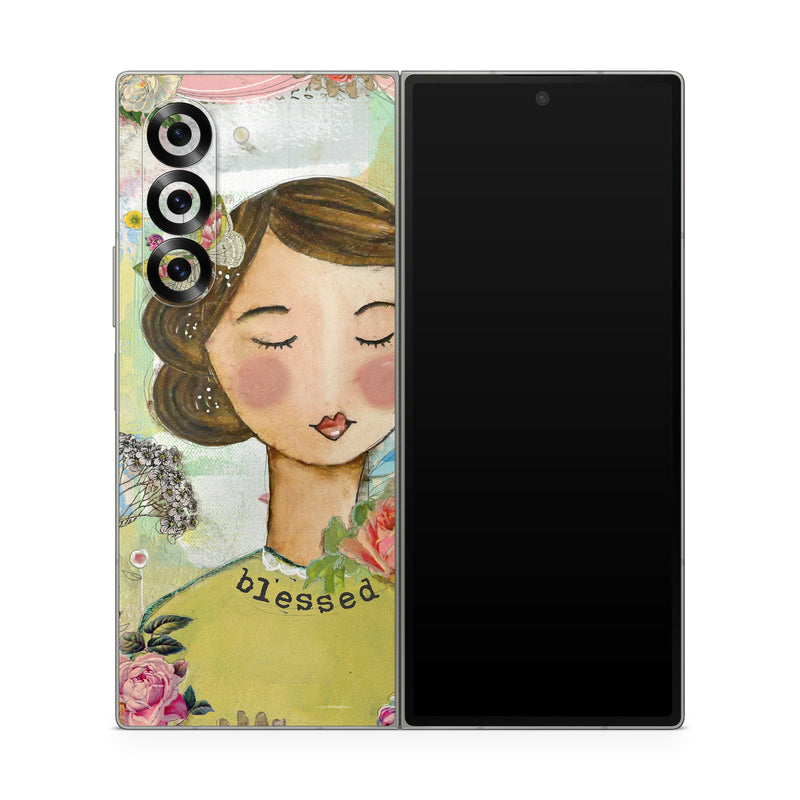 Samsung Galaxy Z Fold6 Skin design of Illustration, Cheek, Art, Watercolor paint, Retro style, Painting, Plant, Flower, Fashion illustration, Fictional character, with pink, green, yellow, white, red, blue colors