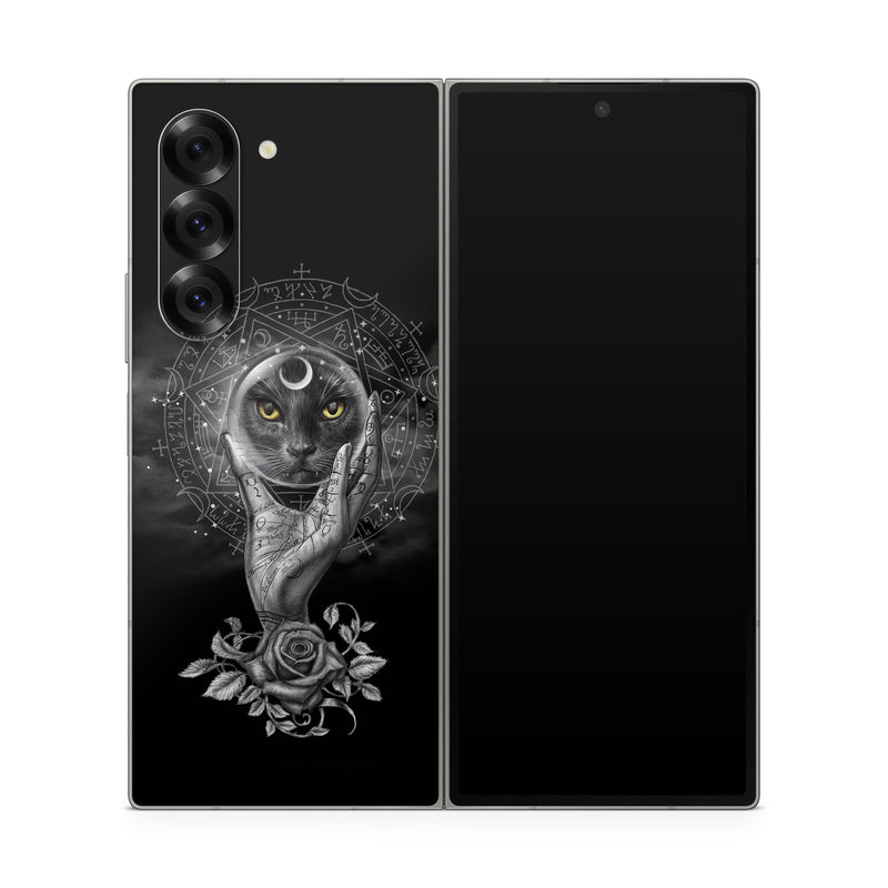 Samsung Galaxy Z Fold6 Skin design of Head, Eye, Flash photography, Painting, Headgear, Art, Font, Snout, Darkness, Owl, with black, white, gray colors