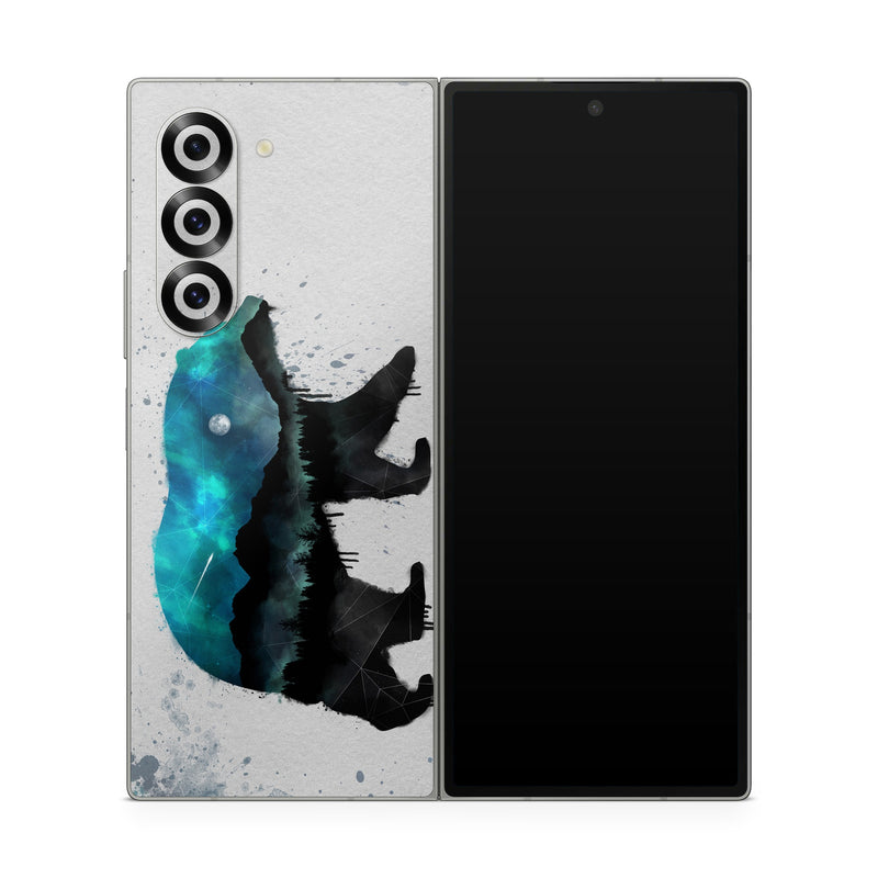 Samsung Galaxy Z Fold6 Skin design of Bear, Illustration, Grizzly bear, Art, Watercolor paint, Snout, Carnivore, Graphic design, Space, Polar bear, with gray, black, white, green, blue colors
