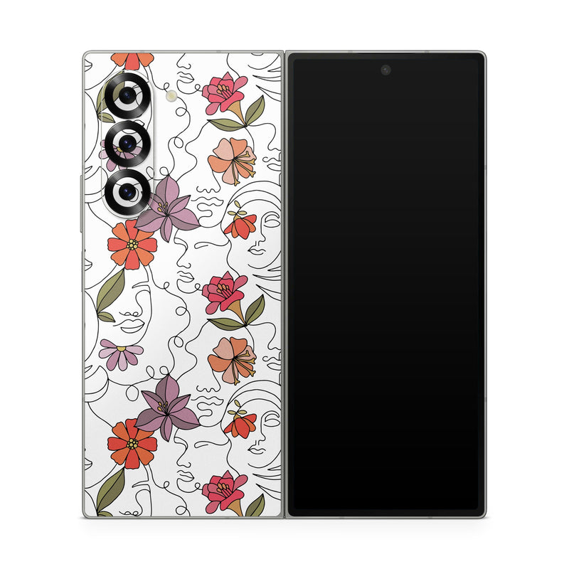 Samsung Galaxy Z Fold6 Skin design of Flower, Plant, White, Product, Petal, Branch, Rectangle, Botany, Textile, Creative arts, with white, red, purple, green, orange colors