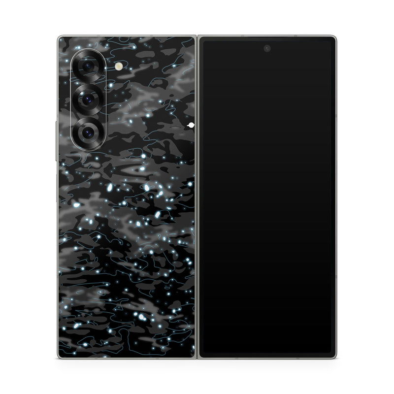 Samsung Galaxy Z Fold6 Skin design of Black, Water, Space, Black-and-white, Granite, with blue, white, gray, blue colors