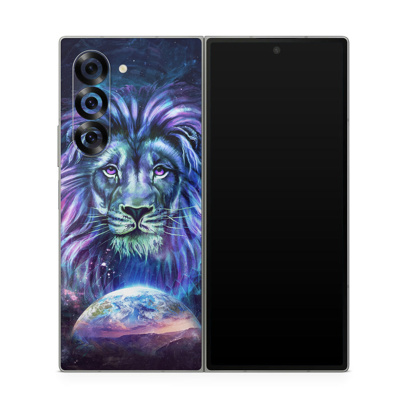 Samsung Galaxy Z Fold6 Skin design of Lion, Felidae, Purple, Wildlife, Big cats, Illustration, Darkness, Space, Painting, Art, with purple, blue, green, black, white, red colors