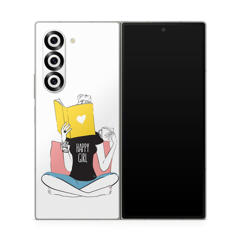 Samsung Galaxy Z Fold6 Skin design of White, Sleeve, Gesture, Cartoon, Comfort, Elbow, Font, Graphics, Knee, Art, with white, black, blue, pink, yellow colors