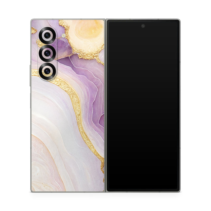 Samsung Galaxy Z Fold6 Skin design of Purple, Dishware, Violet, Art, Pattern, Serveware, Painting, Metal, Circle, Ceiling, with purple, white, yellow, orange colors