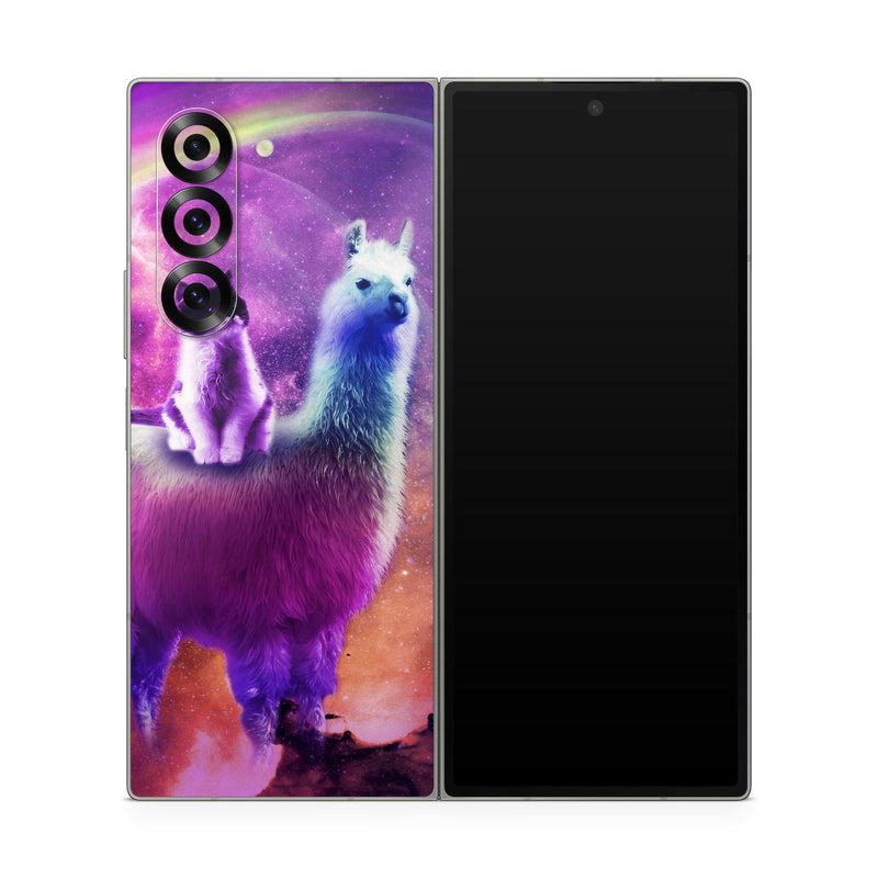 Samsung Galaxy Z Fold6 Skin design of Llama, Purple, Camelid, Alpaca, Sky, Livestock, Space, with purple, white, blue, pink, yellow, black colors
