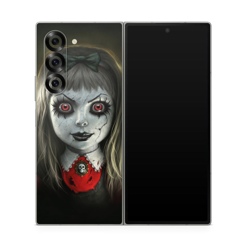 Samsung Galaxy Z Fold6 Skin design of Fiction, Illustration, Fictional character, Ghost, Darkness, Vampire, Goth subculture, Zombie, Art, Skull, with white, red, black, yellow colors