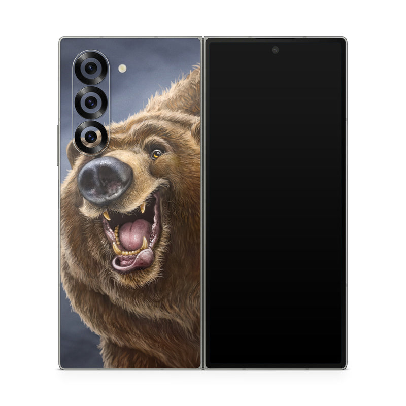 Samsung Galaxy Z Fold6 Skin design of Brown bear, Kodiak bear, Carnivore, Grizzly bear, Terrestrial animal, Snout, Bear, Whiskers, Fur, Fang, with brown, black, white, pink, gray colors