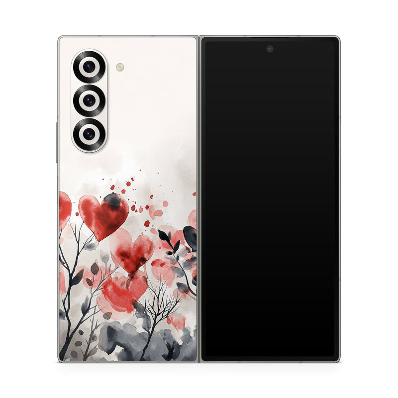 Samsung Galaxy Z Fold6 Skin design of Flower, Plant, Petal, Sky, Natural landscape, Twig, Tree, Art, Painting, Flowering plant, with white, black, gray, red, pink colors