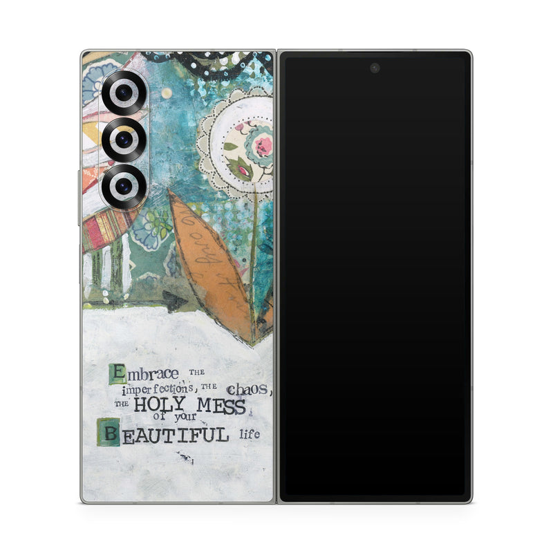 Samsung Galaxy Z Fold6 Skin design of Leaf, Font, Plant, Illustration, Art, with blue, white, green, red, orange, yellow colors