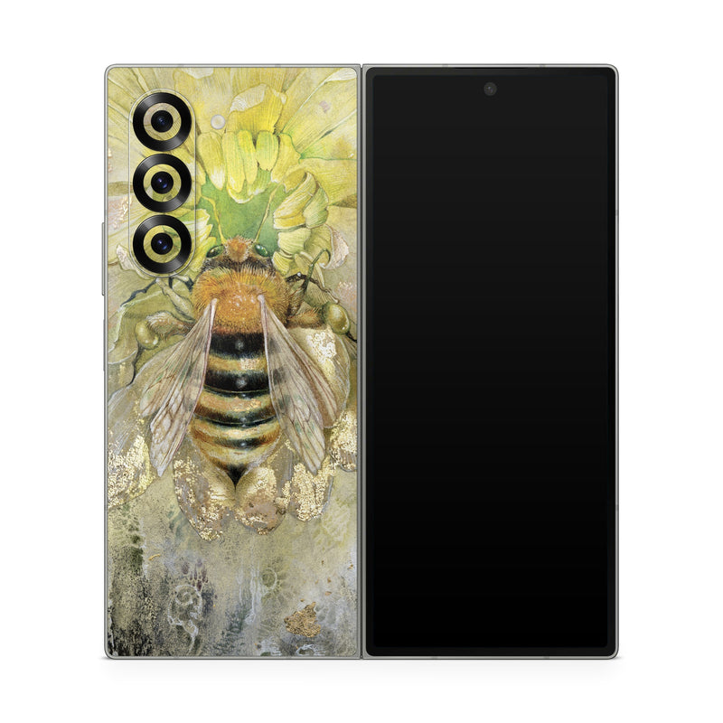 Samsung Galaxy Z Fold6 Skin design of Honeybee, Insect, Bee, Membrane-winged insect, Invertebrate, Pest, Watercolor paint, Pollinator, Illustration, Organism, with yellow, orange, black, green, gray, pink colors
