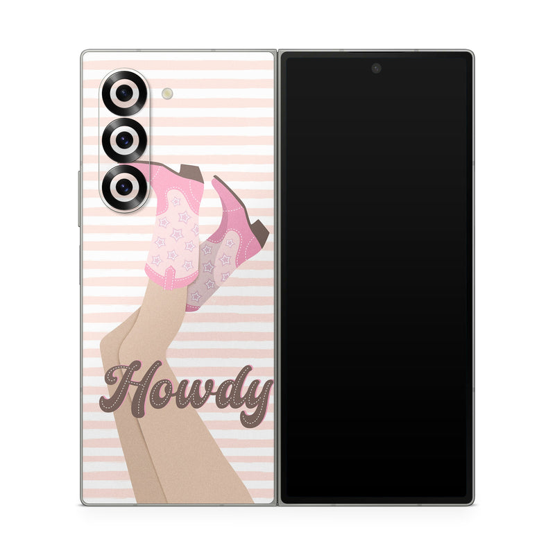 Samsung Galaxy Z Fold6 Skin design of Hand, Glove, Sleeve, Gesture, Font, Finger, Pink, Material property, Waist, Thumb, with pink, white, brown colors