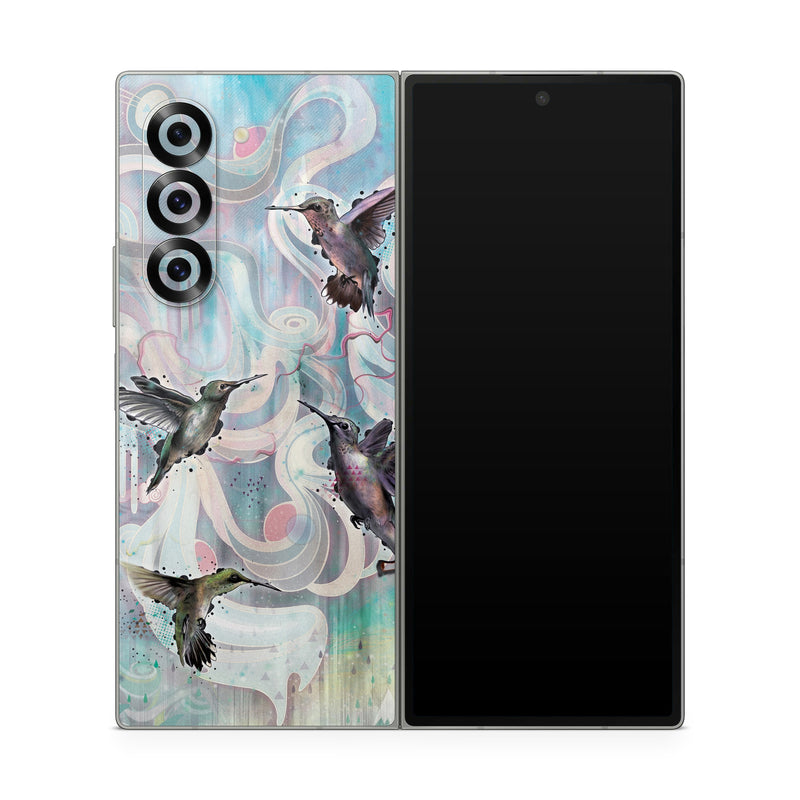 Samsung Galaxy Z Fold6 Skin design of Bird, Watercolor paint, Illustration, Hummingbird, Painting, Art, Wing, Fictional character, Acrylic paint, Perching bird, with gray, blue, black colors