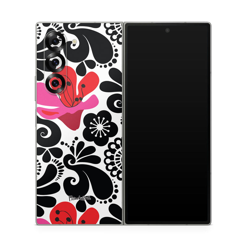 Samsung Galaxy Z Fold6 Skin design of White, Product, Green, Botany, Petal, Textile, Pink, Creative arts, Line, Magenta, with black, white, pink, red colors