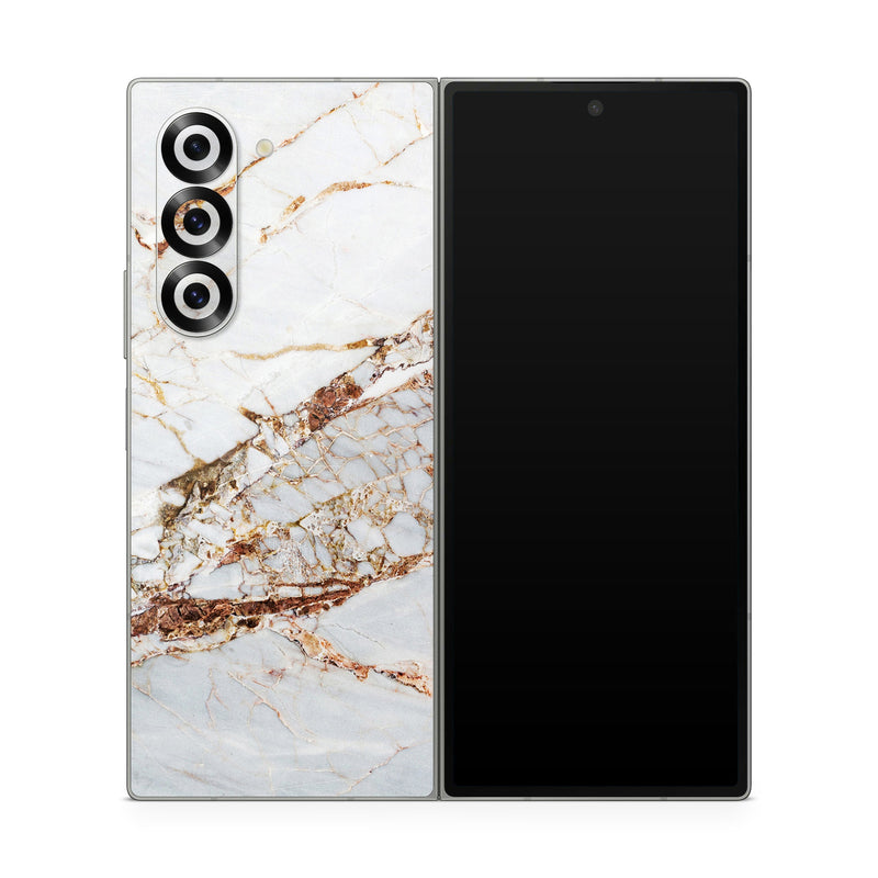 Samsung Galaxy Z Fold6 Skin design of White, Branch, Twig, Beige, Marble, Plant, Tile, with white, gray, yellow colors