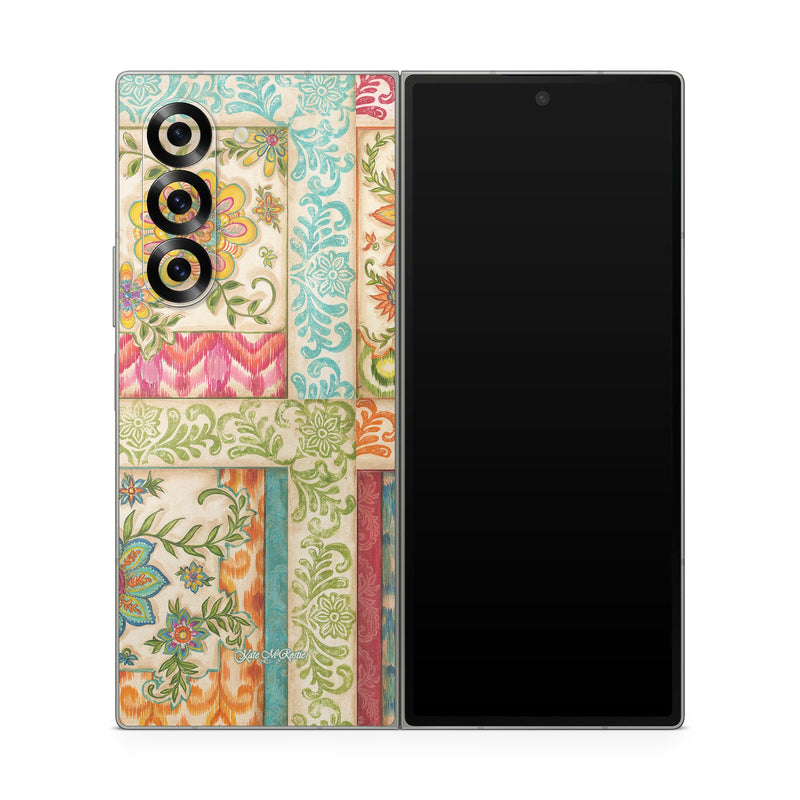 Samsung Galaxy Z Fold6 Skin design of Flower, Rectangle, Plant, Botany, Textile, Aqua, Art, Pattern, Symmetry, Motif, with red, orange, green, blue, pink, yellow colors