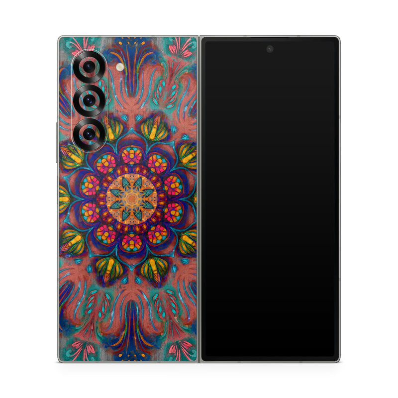 Samsung Galaxy Z Fold6 Skin design of Psychedelic art, Pattern, Art, Textile, Symmetry, Visual arts, Design, Fractal art, Kaleidoscope, Tapestry, with blue, yellow, red, green, pink, green colors