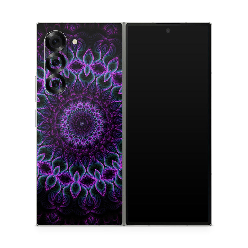 Samsung Galaxy Z Fold6 Skin design of Colorfulness, Pattern, Purple, Violet, Magenta, Red, Pink, Art, Fractal Art, Visual Arts, Design, Circle, Symmetry, Psychedelic Art, Motif, Kaleidoscope, Graphics, with black, purple, blue, white colors