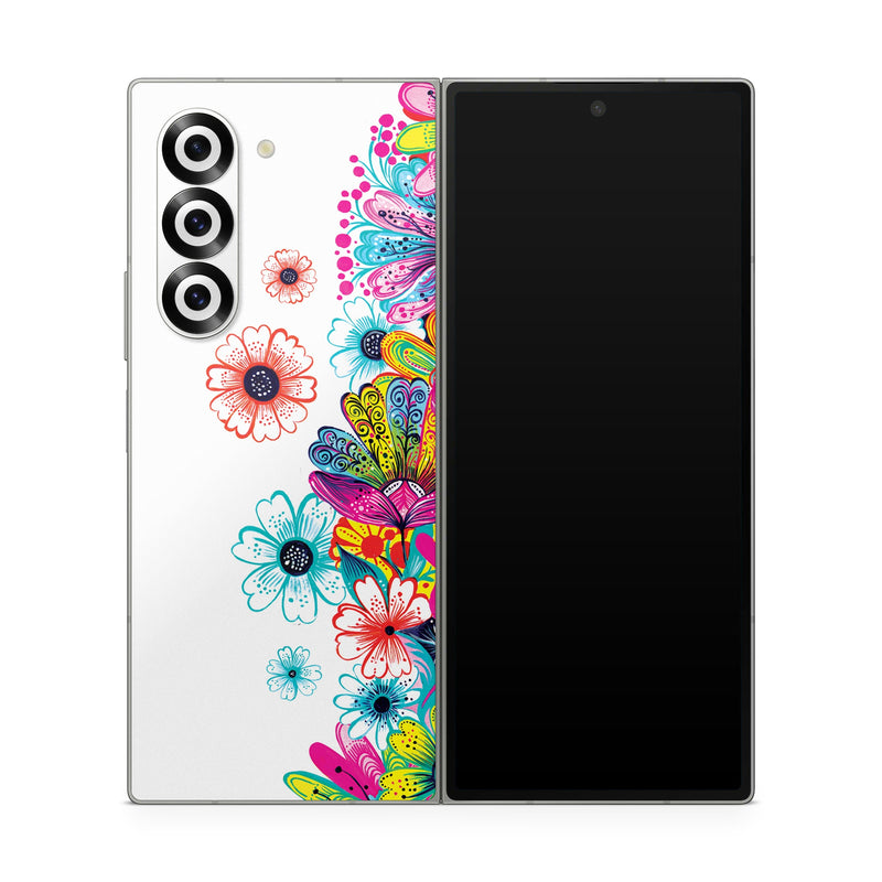 Samsung Galaxy Z Fold6 Skin design of Pattern, Floral design, Design, Graphic design, Flower, Wildflower, Plant, Graphics, Clip art, Visual arts, with white, pink, blue, yellow, purple, red colors