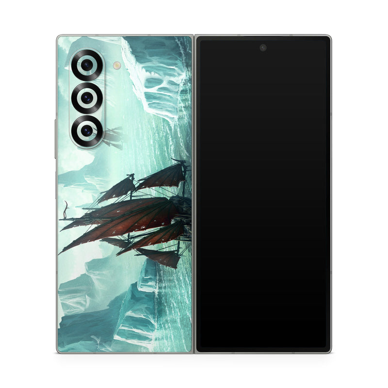 Samsung Galaxy Z Fold6 Skin design of Cg artwork, Vehicle, Ghost ship, Manila galleon, Fluyt, Adventure game, First-rate, Sailing ship, Mythology, Strategy video game, with gray, black, blue, green, white colors