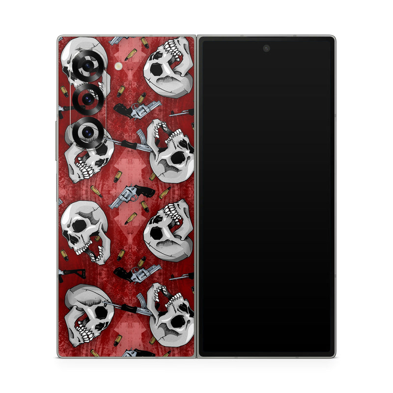 Samsung Galaxy Z Fold6 Skin design of Skull, Red, Bone, Personal protective equipment, Skeleton, Mask, Font, Sports gear, Headgear, Pattern, with black, red, gray colors