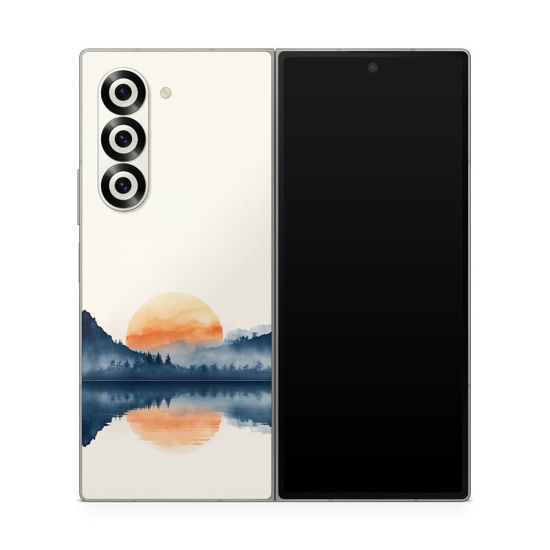 Samsung Galaxy Z Fold6 Skin design of Water, Water resources, Sky, Mountain, Natural landscape, Lake, Atmospheric phenomenon, Landscape, Horizon, Afterglow, with black, blue, white, gray, yellow, orange, red colors