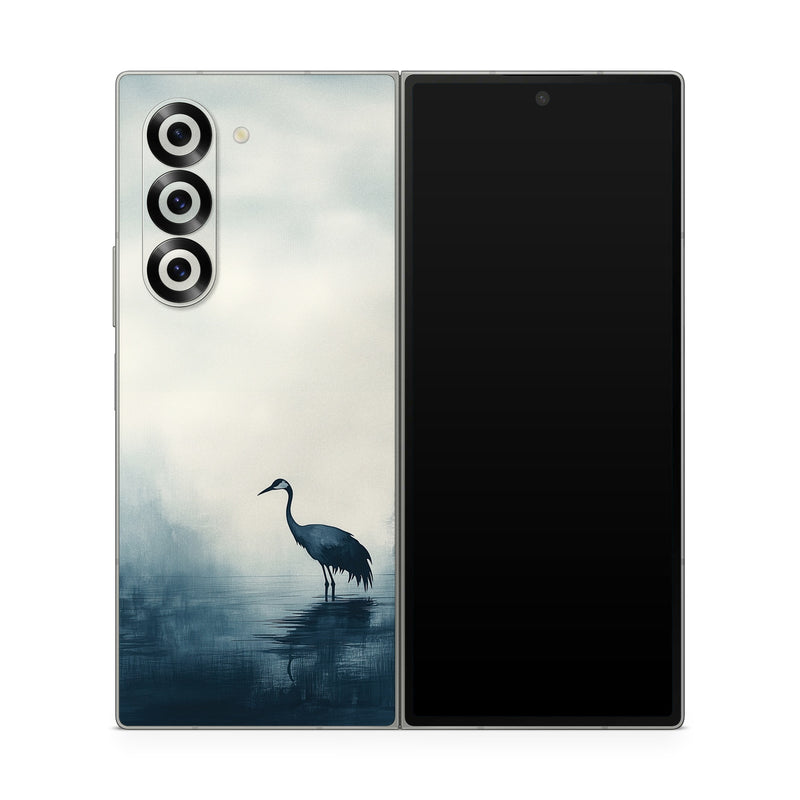 Samsung Galaxy Z Fold6 Skin design of Bird, Water, Beak, Feather, Natural landscape, Pelecaniformes, Sky, Wing, Water bird, Heron, with black, blue, white, gray colors